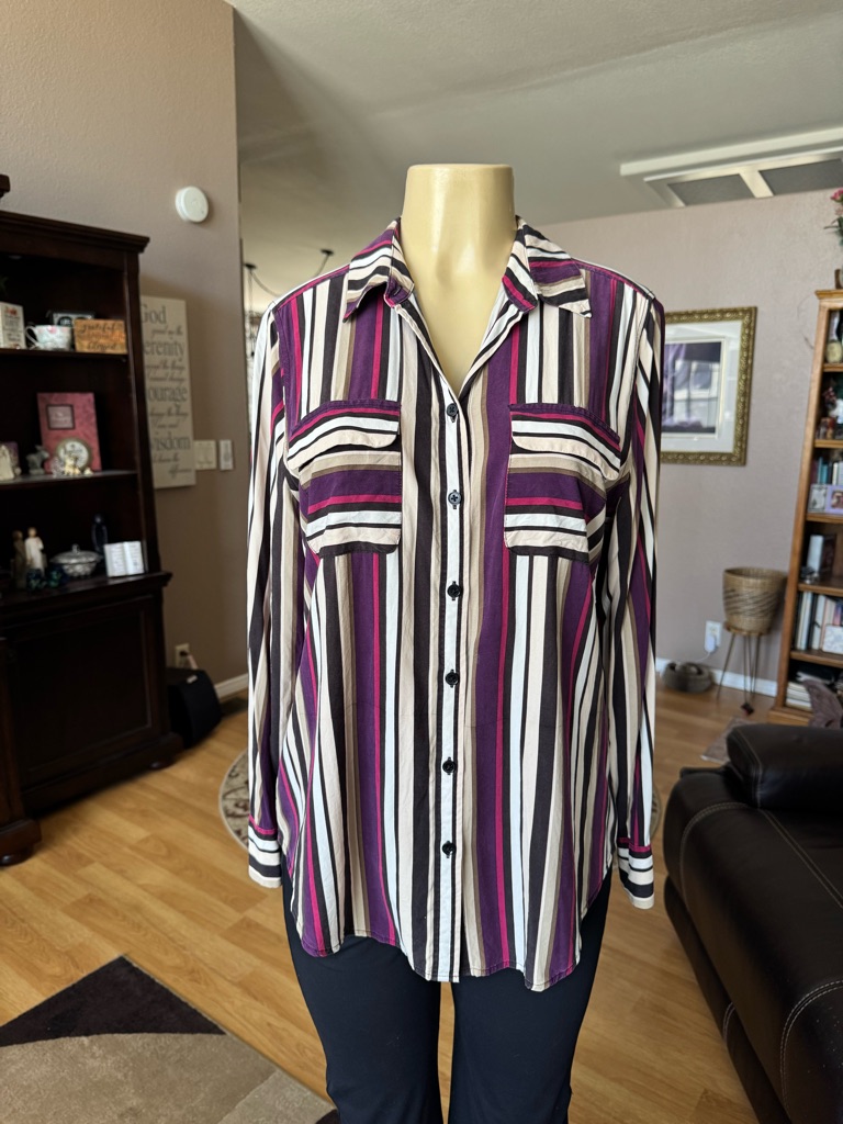 Chico’s Multicolored Vertical Striped Long Sleeves Button Up Blouse-M